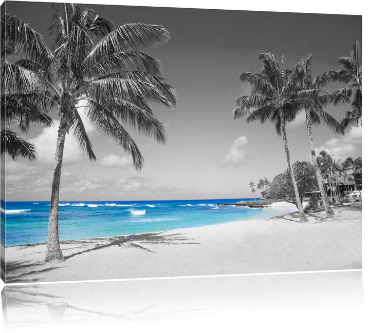 schöner Strand mit Palmen schwarz/weiss Format: 100x70 auf Leinwand, XXL riesige Bilder fertig gerah
