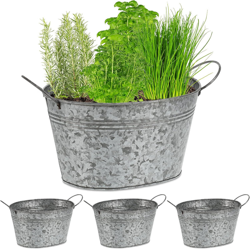 Relaxdays Zinkwanne 4er Set, verzinkte Blechwanne für Garten, ovale Kübel, Dekowannen, HxBxT: 15,5x2