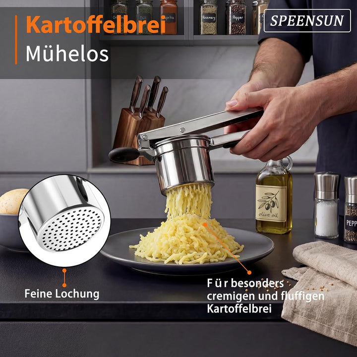 SPEENSUN Kartoffelpresse & Spätzlepresse aus Edelstahl (450ml) | 3 Lochscheiben & rutschfester Silik