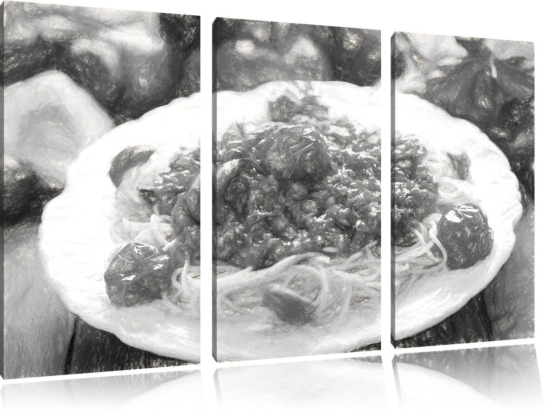 Pixxprint Spaghetti Bolognese auf dem Teller / 3-Teilig/Gesamtmass 120cm Leinwandbild bespannt auf H