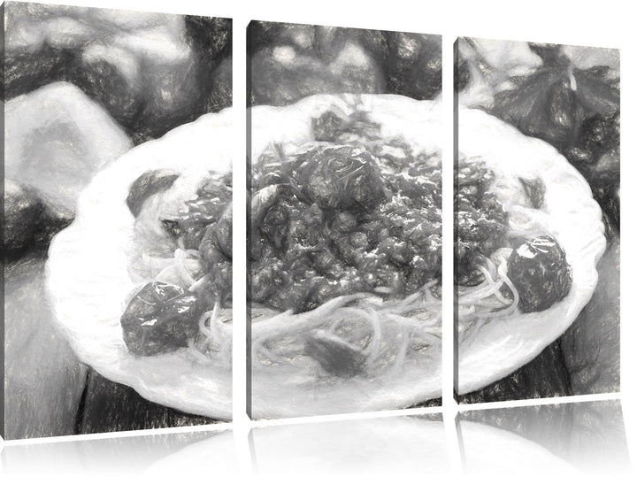 Pixxprint Spaghetti Bolognese auf dem Teller / 3-Teilig/Gesamtmass 120cm Leinwandbild bespannt auf H
