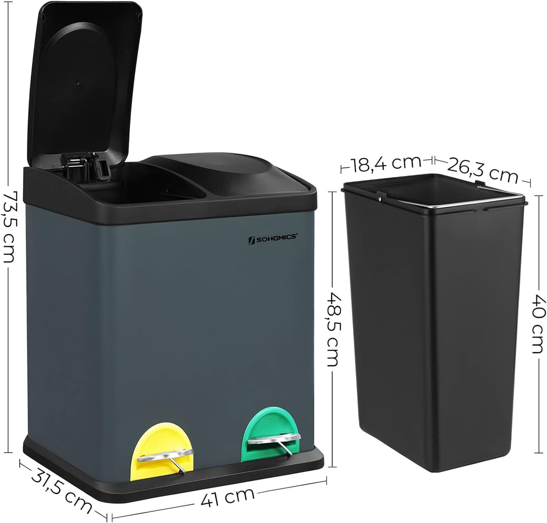 SONGMICS Mülleimer 30 Liter, Mülltrennung, 2 x 15 Liter, Abfalleimer, Treteimer mit Inneneimern, far