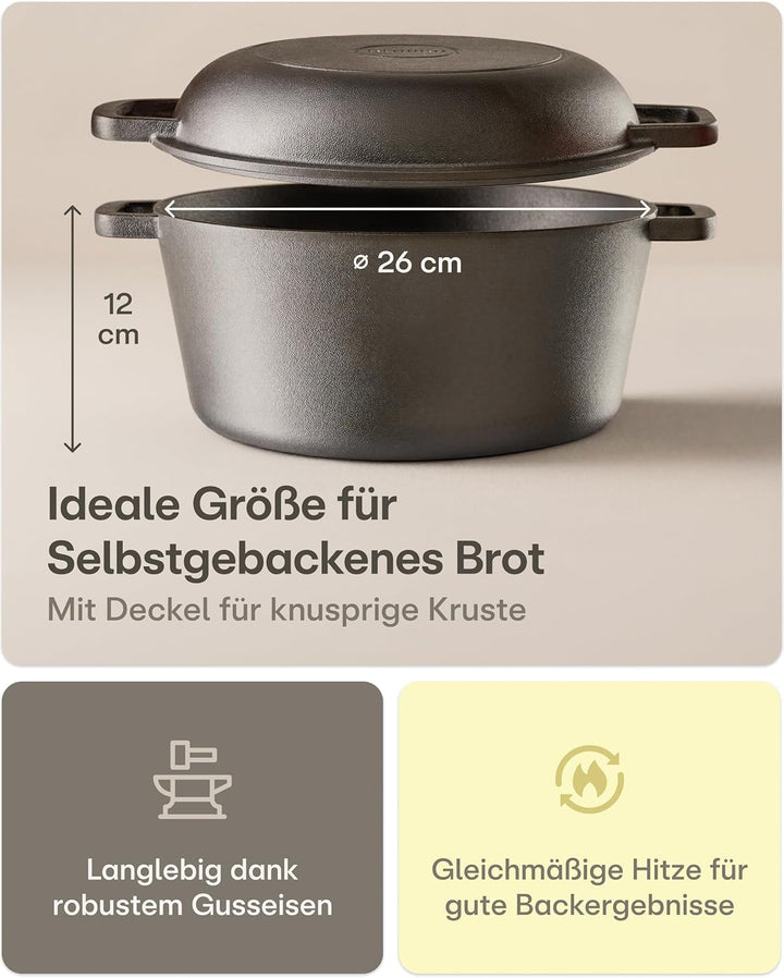 Praknu Gusseisen Topf für Brot Backen Set (26 cm Brottopf) – Inkl. Gärkorb, Brotbeutel & Brotbacktop