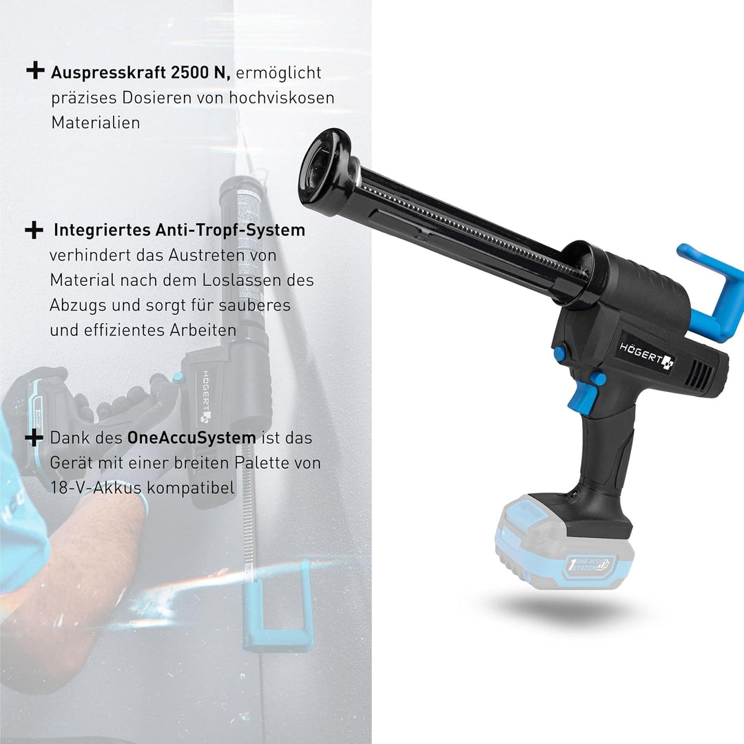 HÖGERT TECHNIK Akku-Kartuschenpresse 18V, 2500 N Auspresskraft, Tropfstopp-System, 300 ml Kapazität,