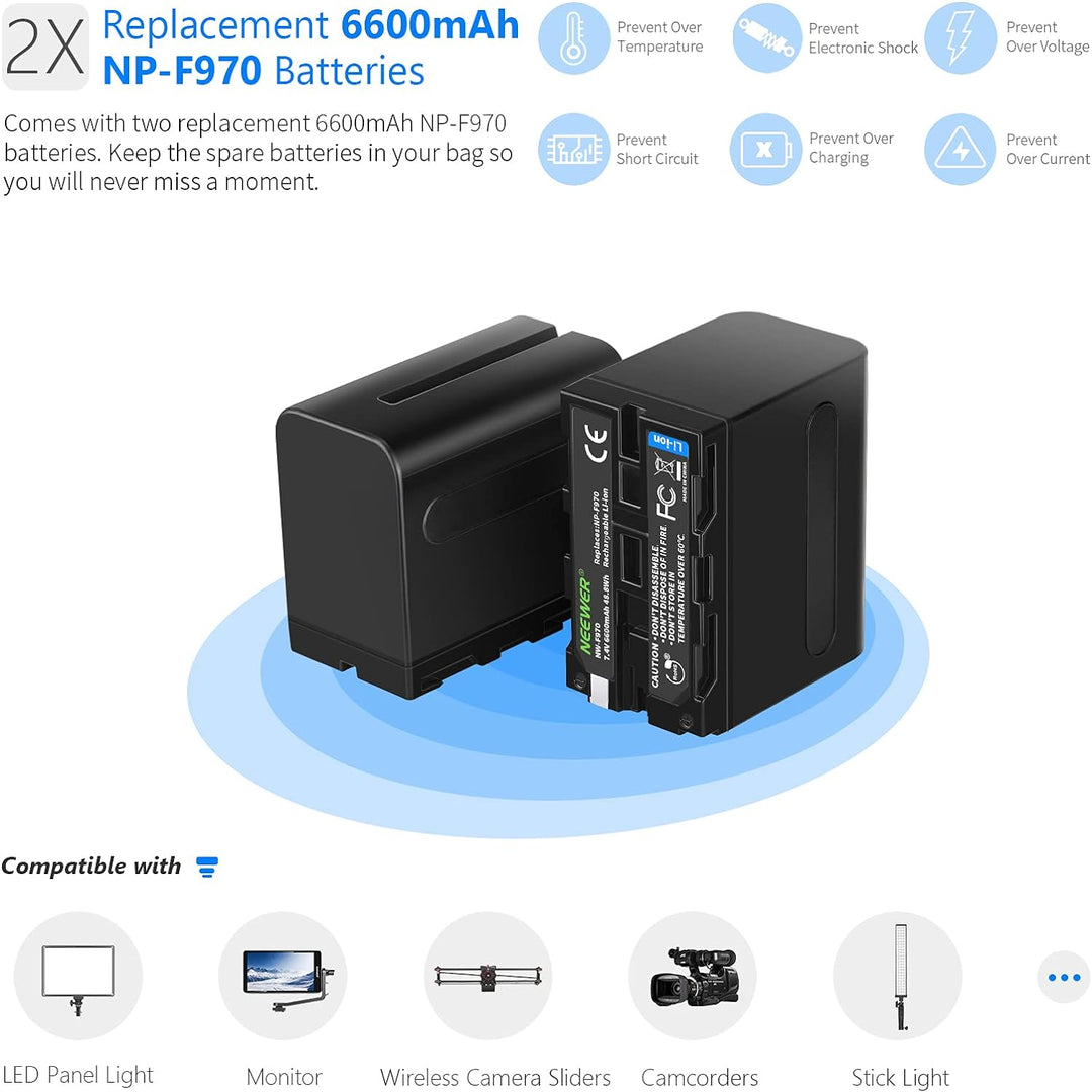 NEEWER Ladegerät Dual USB mit 2Stk 6600mAh Ersatzakkus NP-F970, Schnellladegerät kompatibel mit Sony