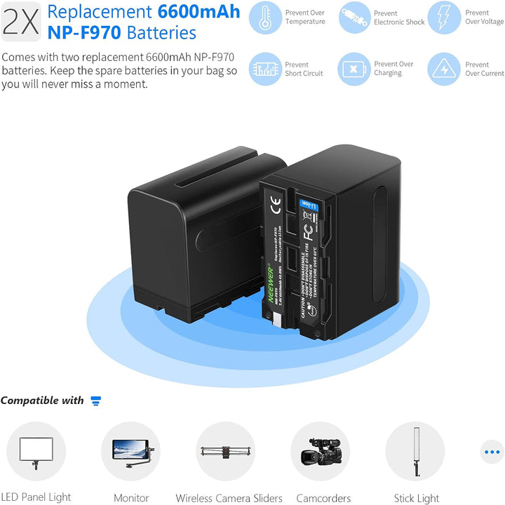 NEEWER Ladegerät Dual USB mit 2Stk 6600mAh Ersatzakkus NP-F970, Schnellladegerät kompatibel mit Sony