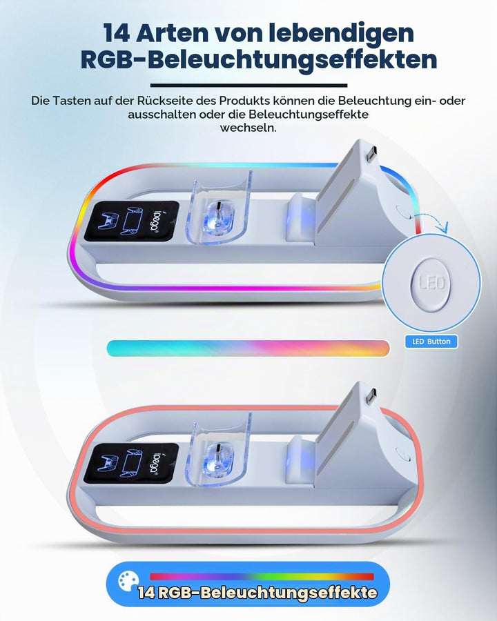 Ladestation für PS Portal und PS5 Controller,Tragbares Ladegerät mit RGB 14 Lichteffekt für PS Porta