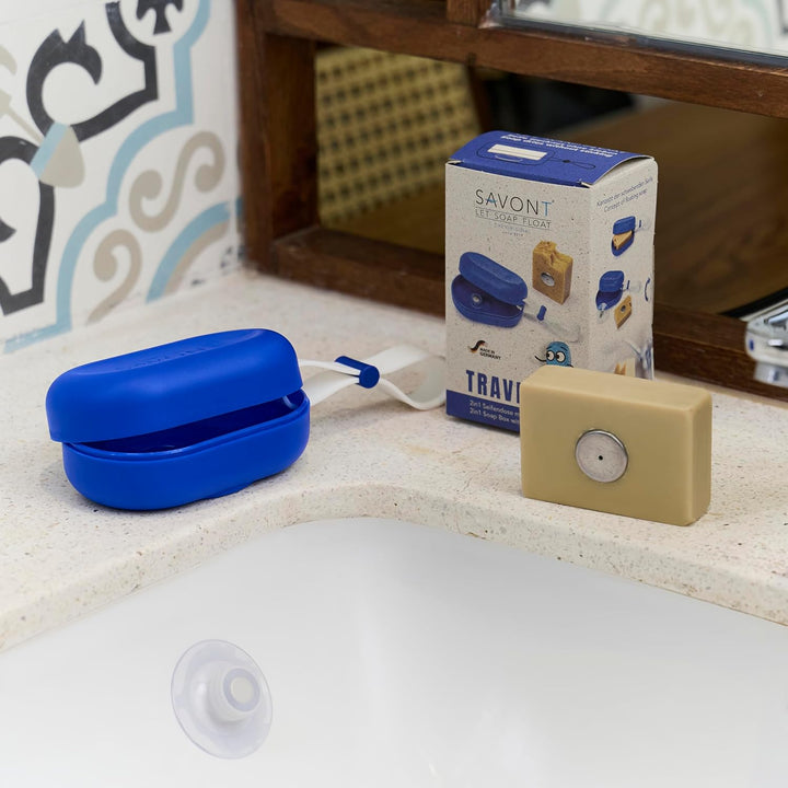 SAVONT Traveler patentierte Seifendose inkl. Jumbo Seifenhalter mit Magnet, Blau Blau mit Seifenhalt