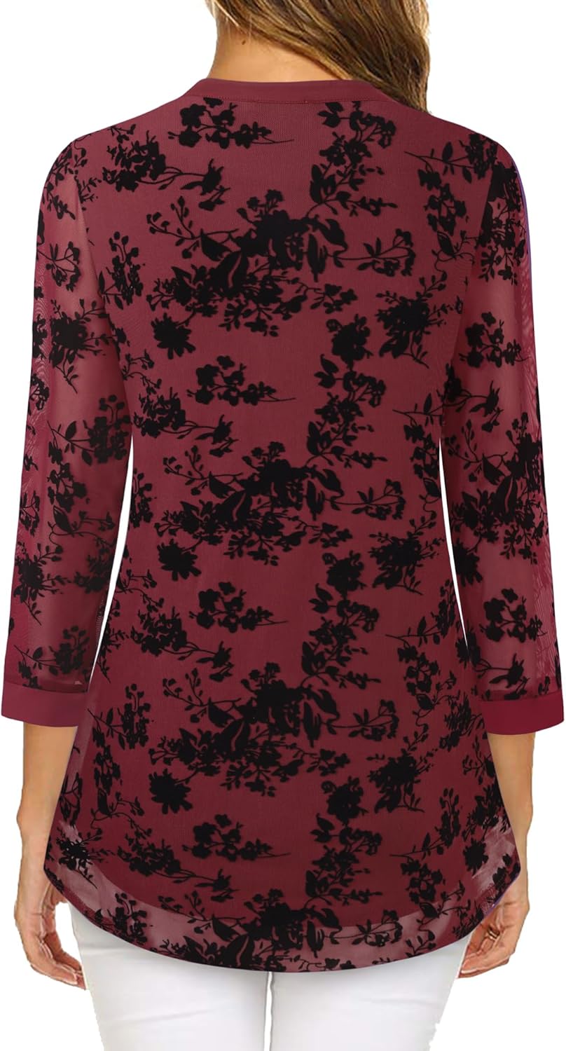 Vafoly Damen 3/4 Ärmel Oberteil Henley V-Ausschnitt Hemden doppellagig Mesh Bluse Tuniken M Beflockt