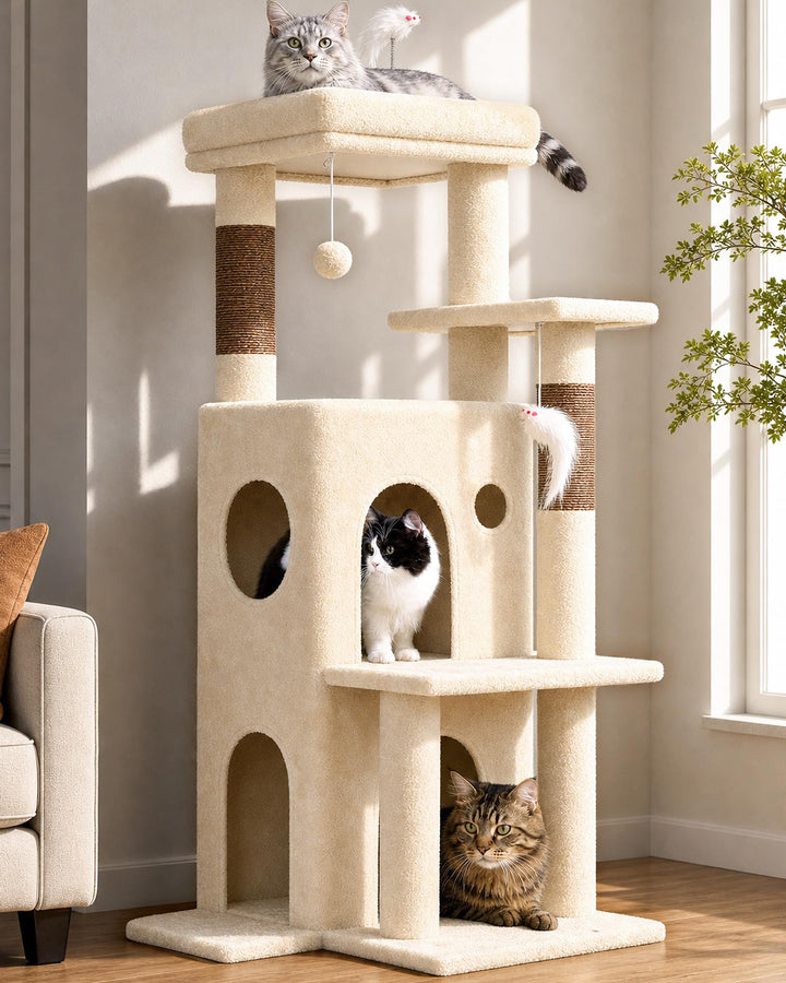 Globlazer Kratzbaum Beige Stabil mit Grosse Basis Katzenhaus Gepolsterte Plattform Plüsch Katzenspie
