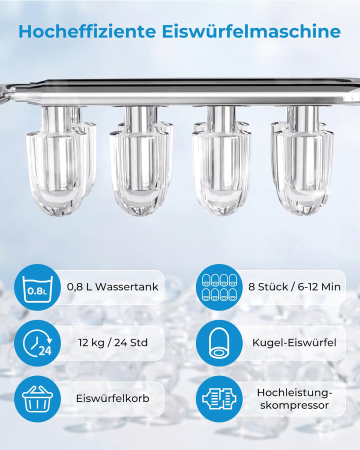 Tragbare Eiswürfelmaschine mit Schublade – Schnelles Kugeleis in 6 Min (12kg/24h), 2 Grössen, Selbst