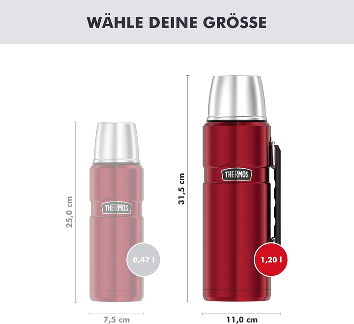 Thermos Stainless King Thermosflasche rot 1,20l - Edelstahl, absolut dicht, mit Trinkbecher und Grif
