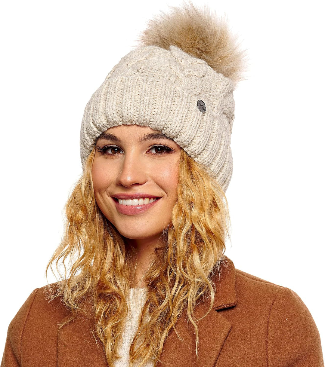 ELIMELI® Winter Mütze Damenmütze mit Fell-Bommel Fleece Innenfutter gefüttert - warme Damen Bommelmü