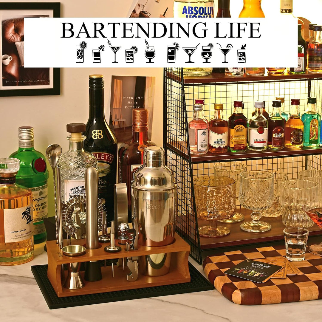 Cocktail Shaker Set mit Bambus Ständer & Rezeptbuch, Edelstahl 750ml Bar Cocktailset Cocktailshaker