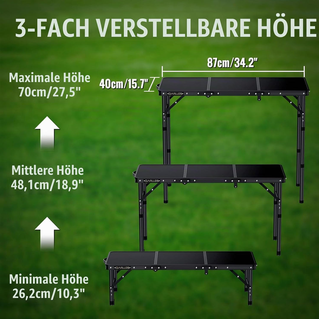 GARLLEN Campingtisch klappbar, 87x40cm &amp; 3 einstellbare Höhen(26/48/70cm), Klapptisch Camping Tisch,
