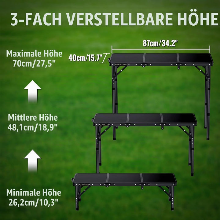 GARLLEN Campingtisch klappbar, 87x40cm &amp; 3 einstellbare Höhen(26/48/70cm), Klapptisch Camping Tisch,
