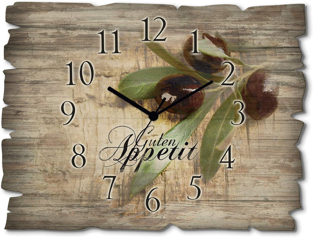 ARTLAND Wanduhr ohne Tickgeräusche aus Holz Quarzuhr 40x30 cm Rechteckig Lautlos Guten Appetit Essen