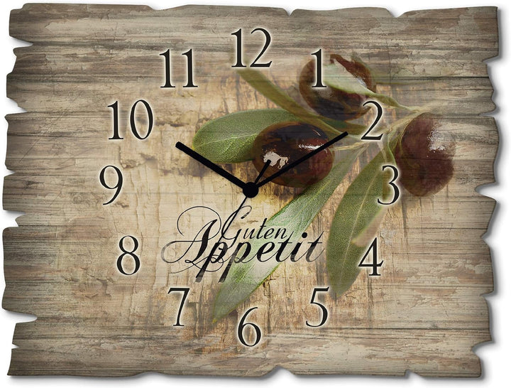 ARTLAND Wanduhr ohne Tickgeräusche aus Holz Quarzuhr 40x30 cm Rechteckig Lautlos Guten Appetit Essen
