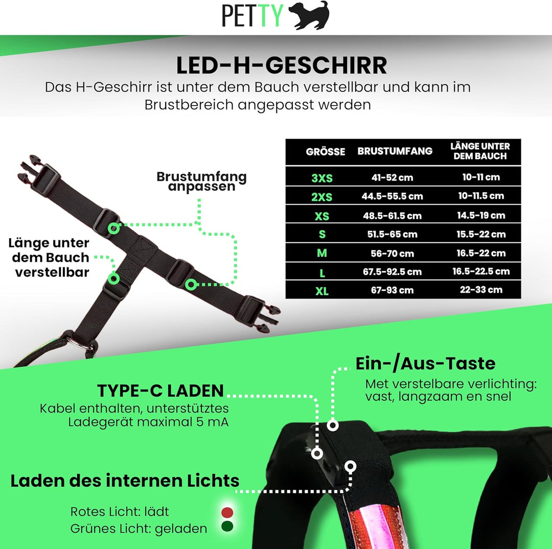 Petty Store -Leuchtharnisch für Hunde, wasserdicht, 3 Farben – Geschirr mit LED, USB-Aufladung bis z