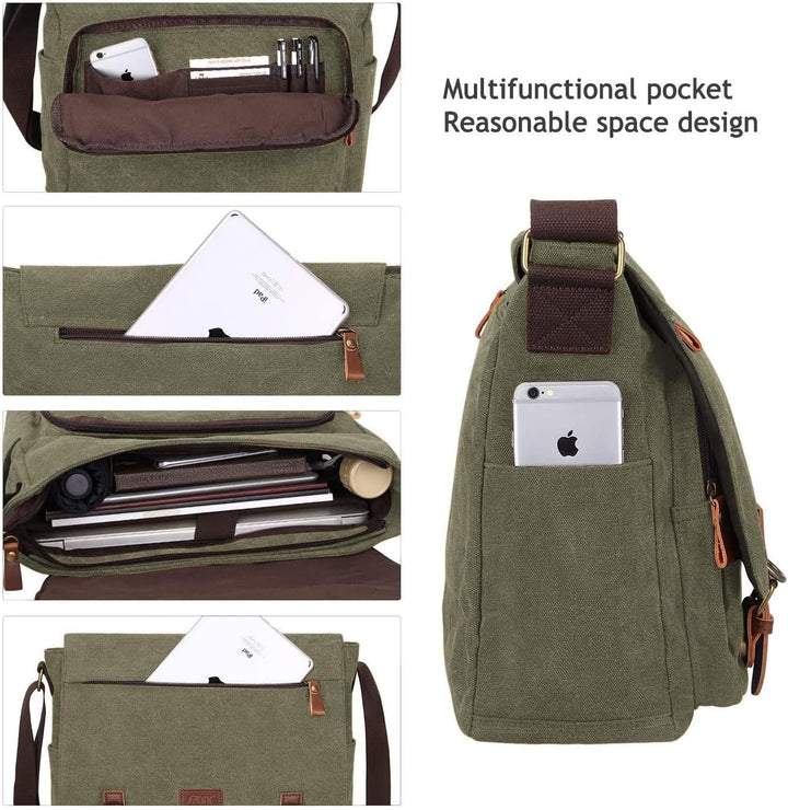 S-ZONE Herren Umhängetasche 15,6 Inch Grosse Vintage Canvas Messenger Bag Aktenktasche Schultertasch