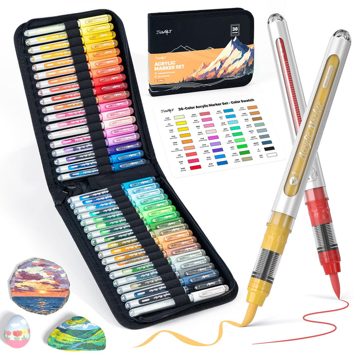 JusArt 36 Farben Acrylfarben Marker mit Segeltuchtasche - Wasserbasierte No-Bleed Paint Pens mit aut
