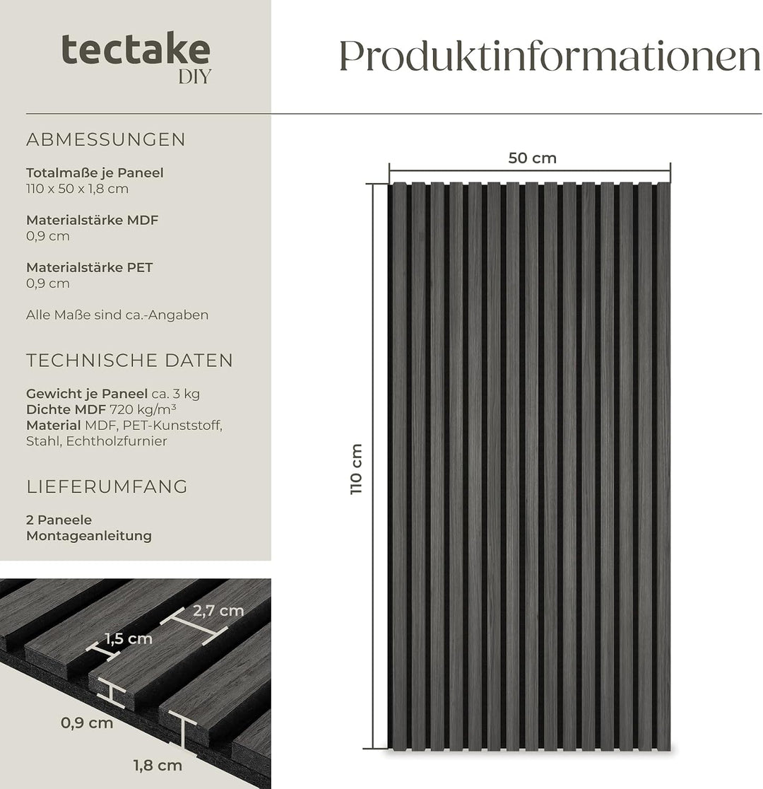 tectake® 3D Akustikpaneele 2er Set mit Echtholzfurnier, Holz Optik Paneele, Wandpaneele in Holzoptik