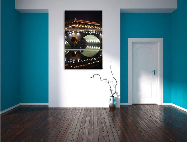 Pixxprint hellerleuchtete chinesische Brücke als Leinwandbild/Grösse: 3 Teilig (120x80) cm/Wandbild/