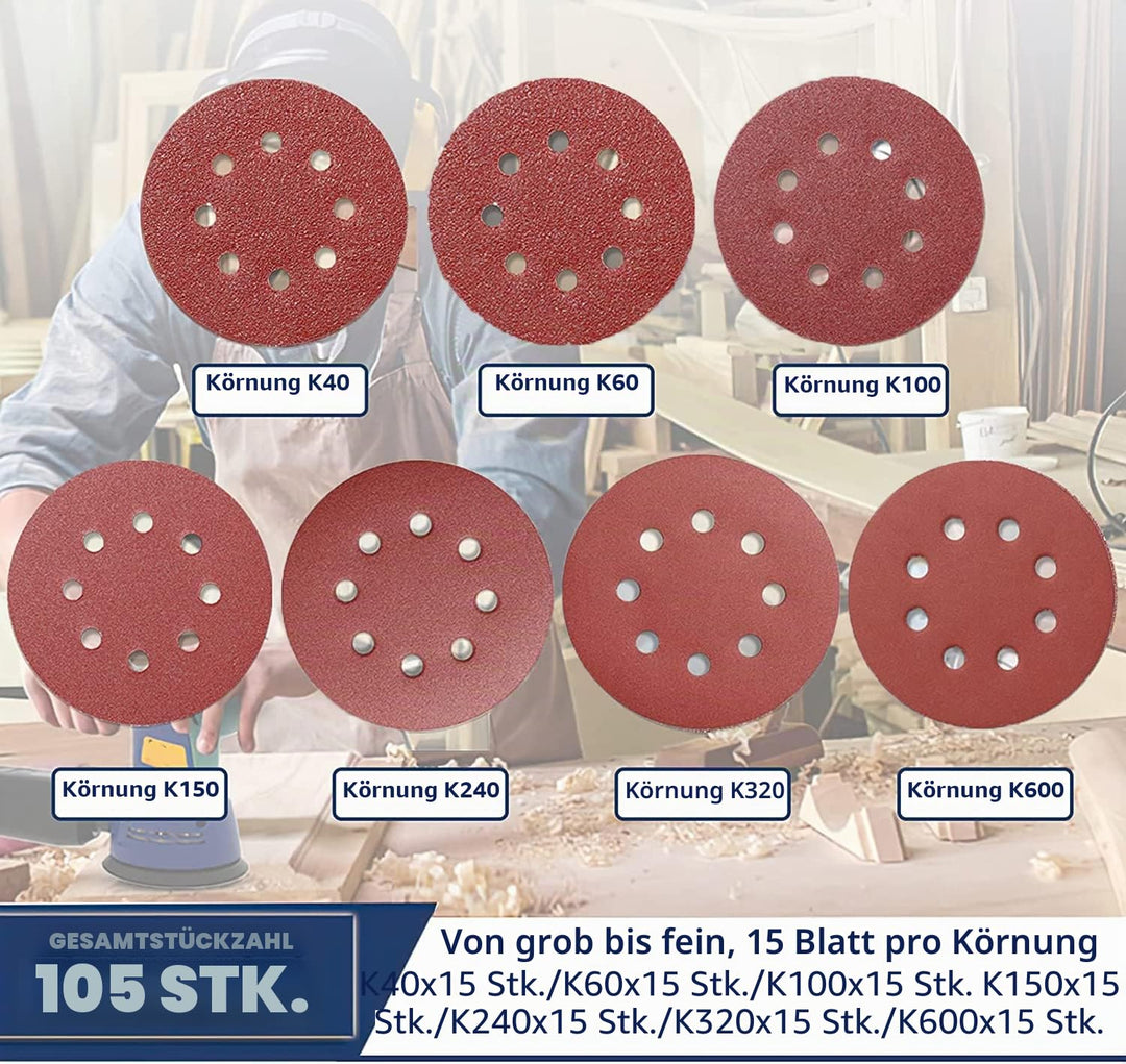 STEBRUAM 105 Stück Schleifpapier 125mm Klett, Profi 125 Schleifscheiben Rund 8 Loch für Exzenterschl