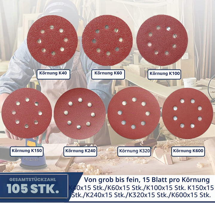 STEBRUAM 105 Stück Schleifpapier 125mm Klett, Profi 125 Schleifscheiben Rund 8 Loch für Exzenterschl