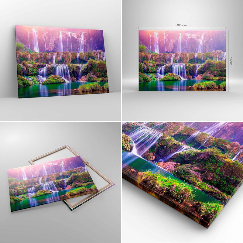 Bilder auf Leinwand 100x70cm Leinwandbild mit Rahmen Wasserfall Natur Gross Wanddeko Bild Schlafzimm