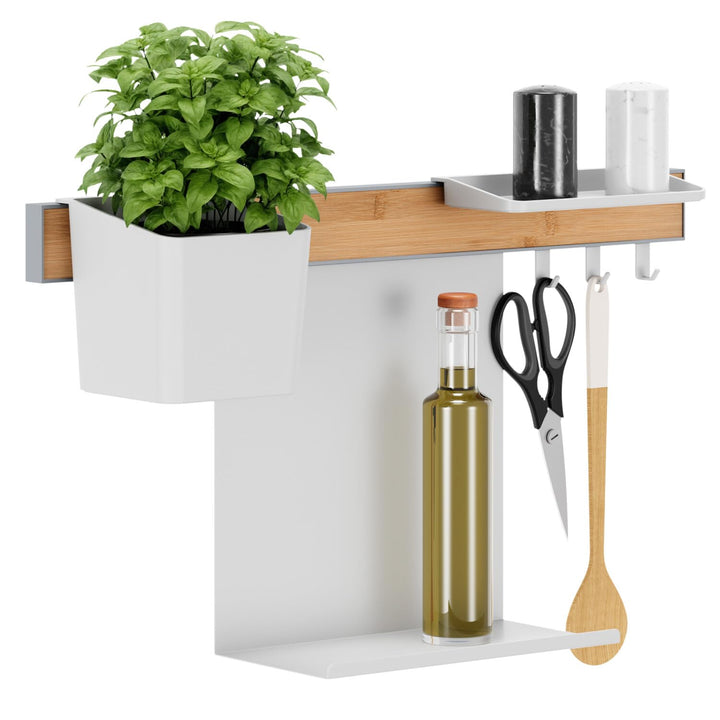 tesa Küchen-Organizer Kombi-Set S - selbstklebende Küchenleiste mit Kräutertopf, 2 Ablagen, Hakenlei