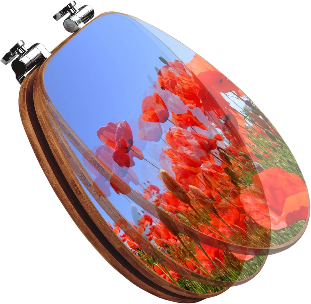 banjado® Design WC Sitz Bambus Absenkautomatik mit Motiv Mohnblumen/Toilettendeckel mit Absenkautoma