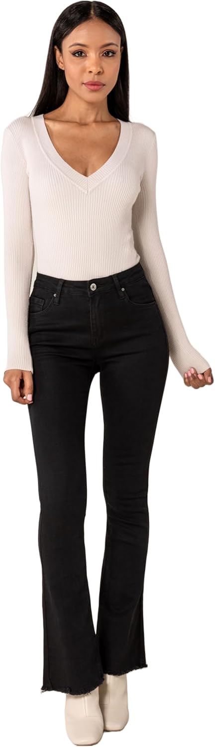 Nina Carter Damen Bootcut Jeans im Retro-Stil Mid Waist Stretchjeans Jeanshosen Used-Look Schlaghose