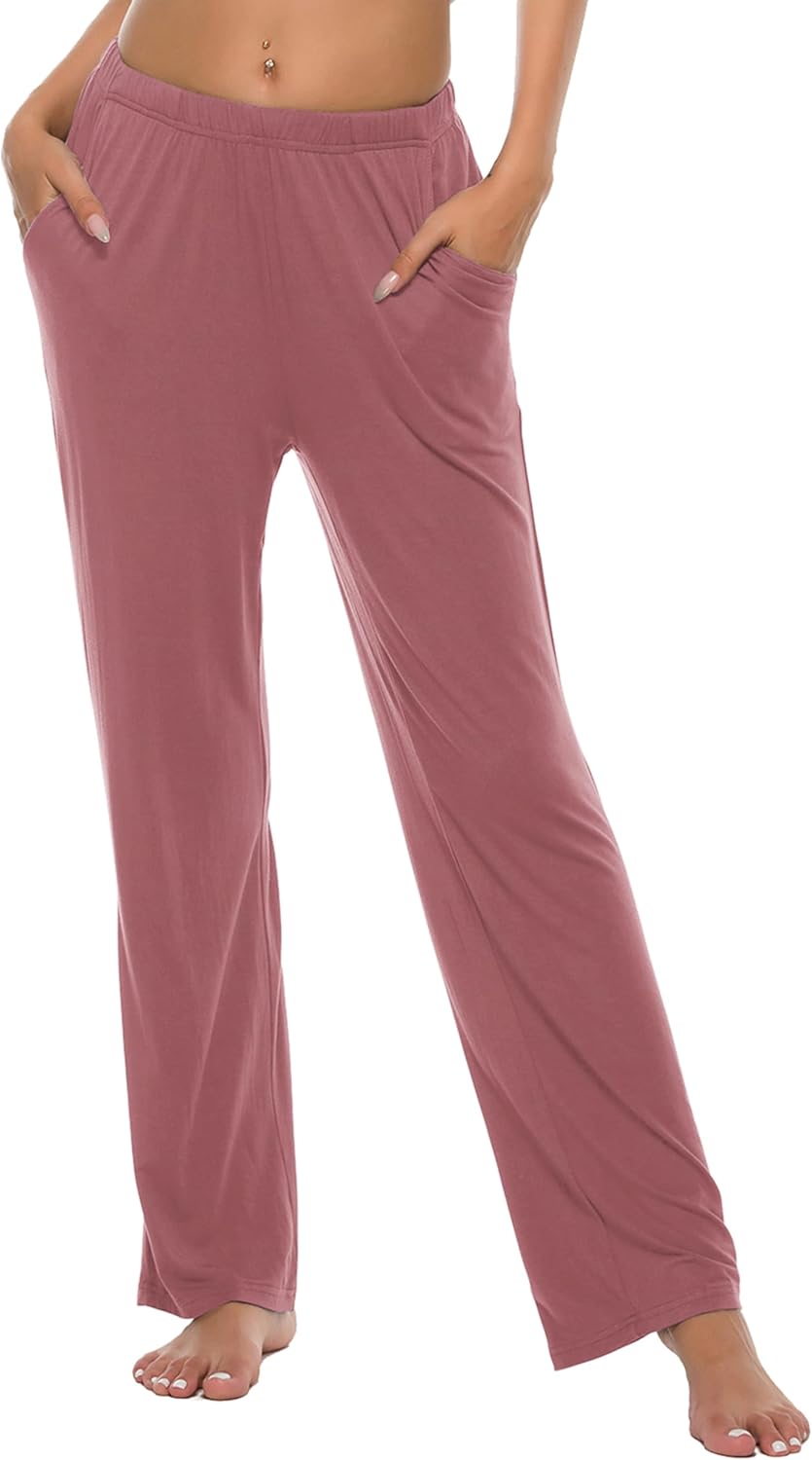 JINSHI Damen Schlafanzughose Lang Pyjamahose Weich Modal Nachtwäsche Freizeithose M Hellgrau+Rosavio