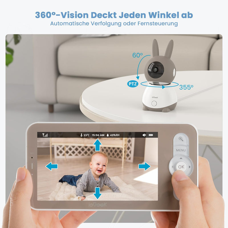 ieGeek Babyphone mit 2 Kamera [2K/3MP, 5 Zoll] WLAN Video Babyfon PTZ 355°, IR-Nachtsicht, Automatis