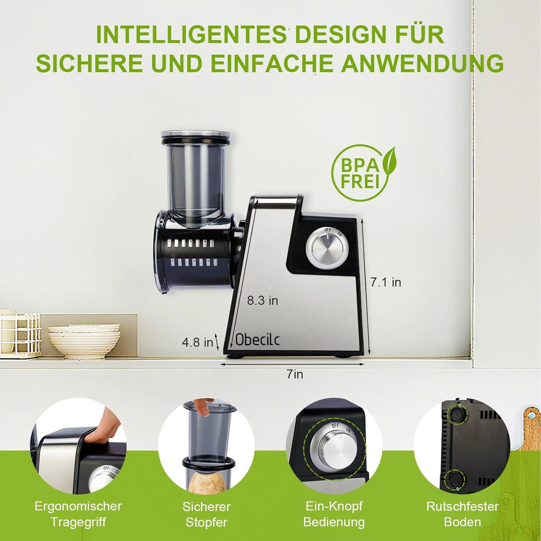 Elektrische Käsereibe für Blockkäse, elektrischer Käsereiber mit 7 Edelstahlklingen zum Schneiden, R