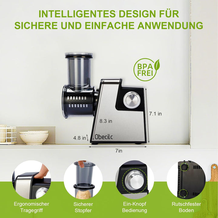 Elektrischer Gemüseschneider mit 7 Spiralscheider zum Schneiden Raspeln und Zerkleinern Käse Obst un