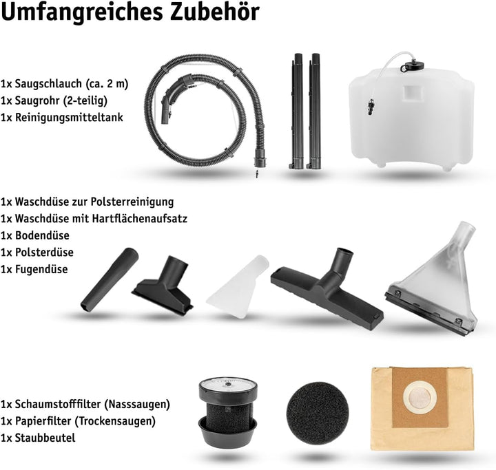 WALTER Waschsauger 1600 W, Polsterreiniger, Teppich-Reinigungsmaschine, Nasssauger, Trockensauger, s
