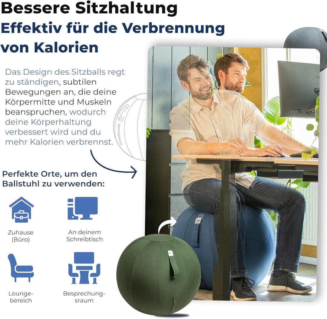 Sitzball Büro Ergonomisch 65 cm, Ergonomische Sitzmöbel für Büro und Heimbüro, Langlebiger Stoff, Gy
