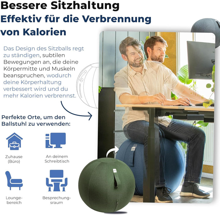 Sitzball Büro Ergonomisch 65 cm, Ergonomische Sitzmöbel für Büro und Heimbüro, Langlebiger Stoff, Gy