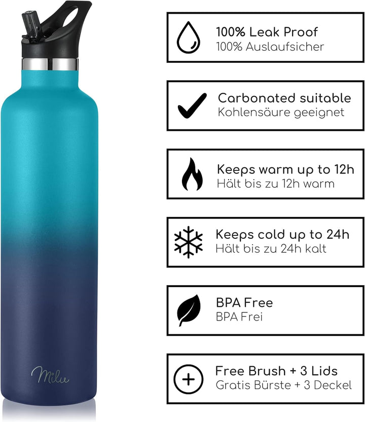 Milu Edelstahl Trinkflasche 500ml, 750ml, 1000ml (+3 Deckel) - Thermosflasche mit Strohhalm, Isolier