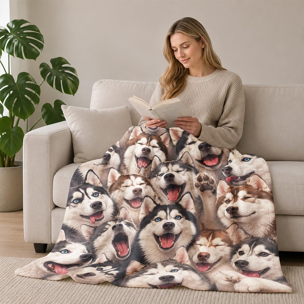 Husky Collage Flanell Decke, Lustige Wohndecke mit Husky-Gesichtern, Hundedecke für Hundefans, 150x2
