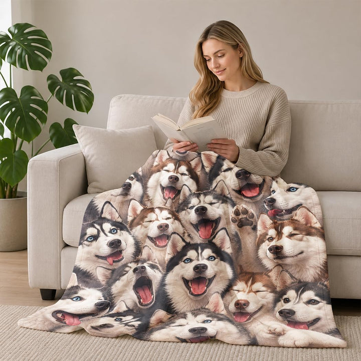 Husky Collage Flanell Decke, Lustige Wohndecke mit Husky-Gesichtern, Hundedecke für Hundefans, 150x2