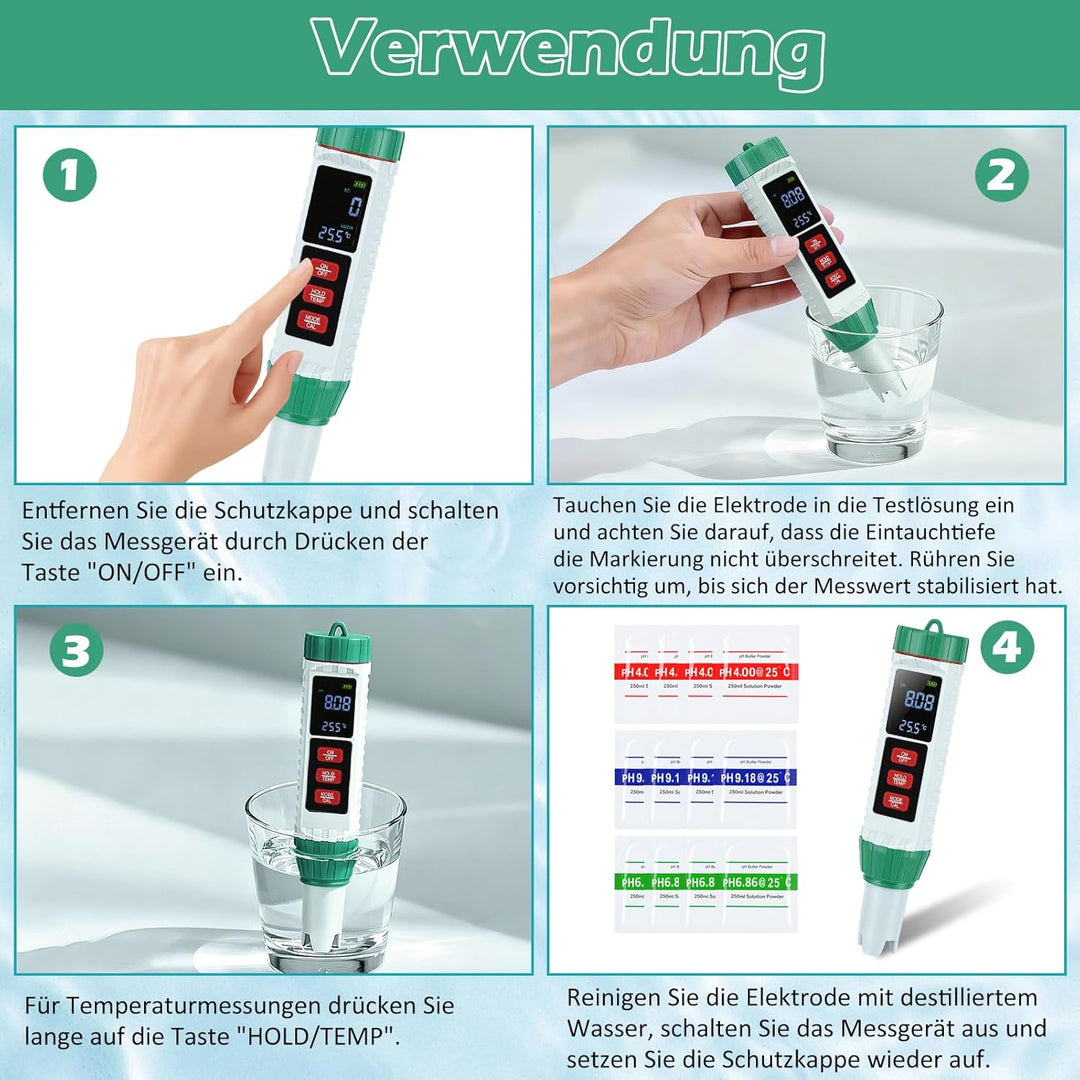 5 in 1 PH Messgerät Wasser, PH TDS EC Salzgehalt Temperatur Messgerät mit LED Display und Auto Tempe