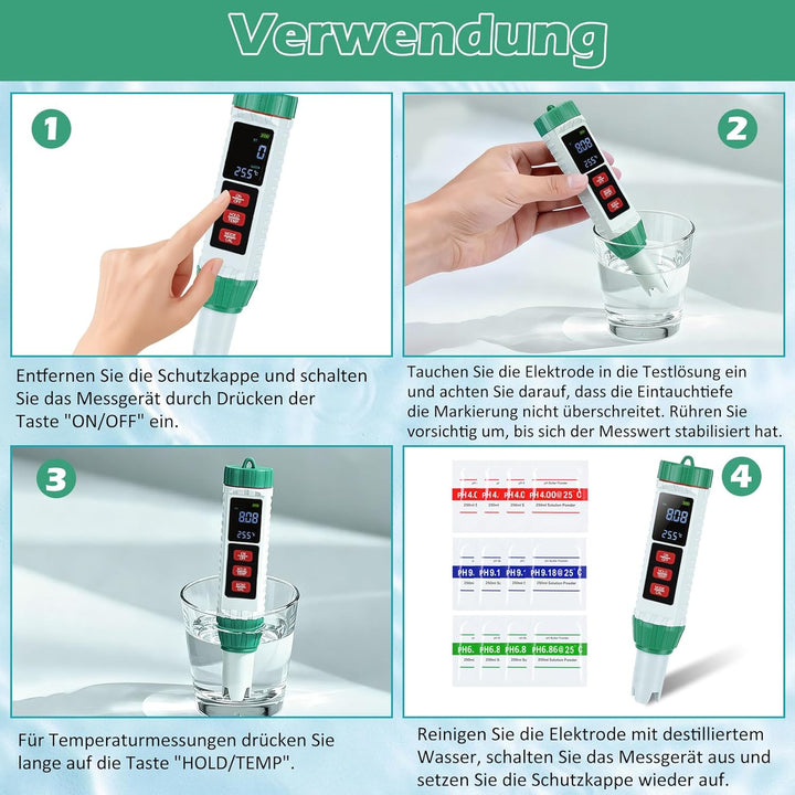 5 in 1 PH Messgerät Wasser, PH TDS EC Salzgehalt Temperatur Messgerät mit LED Display und Auto Tempe