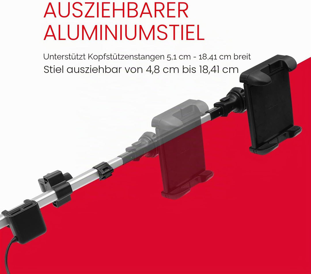 Macally Auto-Kopfstützen Tablet-Halterung mit USB-Lade-Hub & Zigarettenanzünder-Adapter – lädt 4 Ger