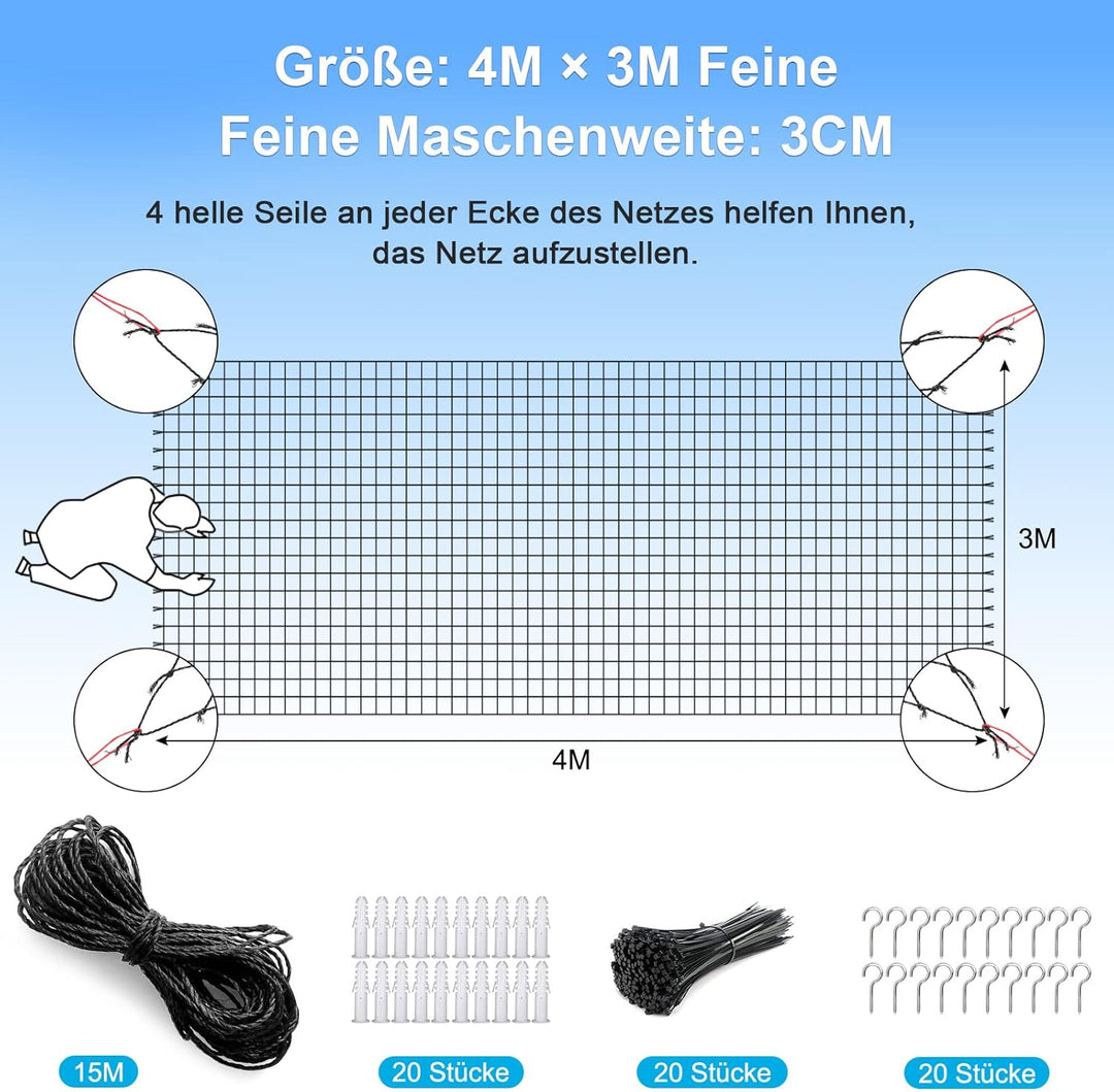 Aystkniet katzennetz für Balkon, 4 x 3 m Katzennetz Drahtverstärkt Schwarz mit 15M Befestigungsseil