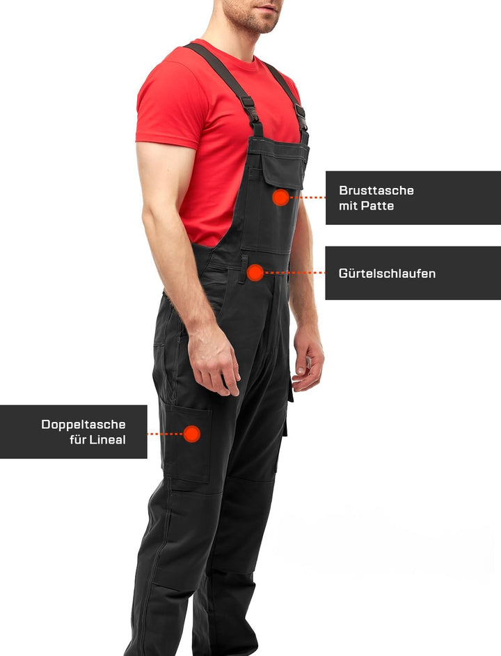 strongAnt Latzhose Herren Stretch Arbeitshose Arbeitslatzhose mit Kniepolstertaschen Schwarz Grau We