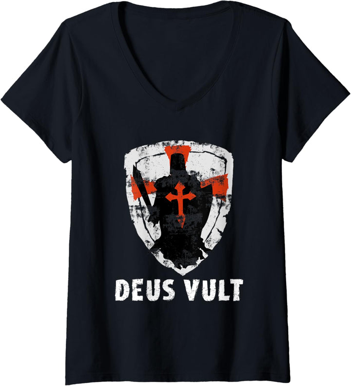 Damen Deus Vult Gott Will Es Kreuz Templer Schild Mittelalter T-Shirt mit V-Ausschnitt