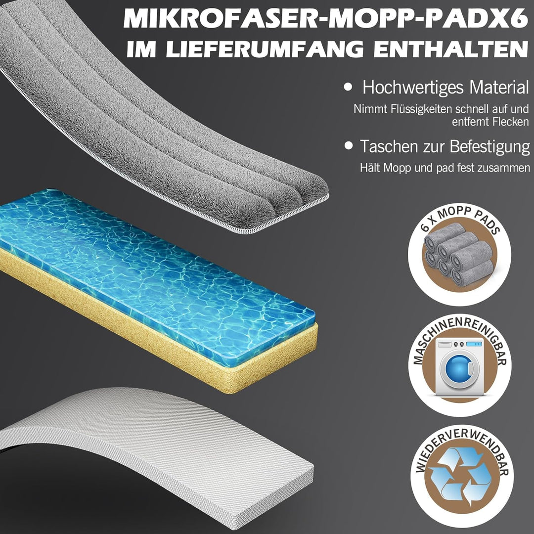 MASTERTOP Bodenwischer Set mit Eimer, Flacher Wischmopp mit 6 Mikrofaser Pads für Nass-Trockennutzun